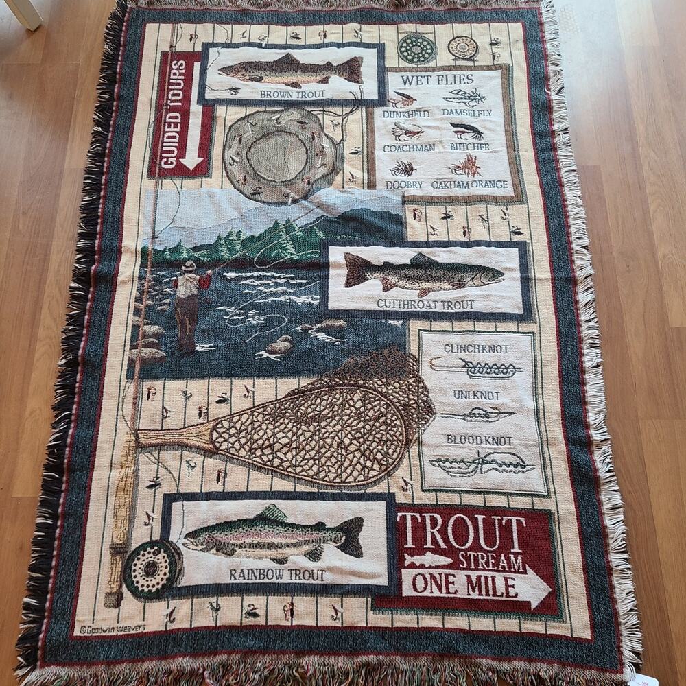Vintage Goodwin Weavers Fly Fishing Core Trout Tapestry Throw Cabin Decor EUC